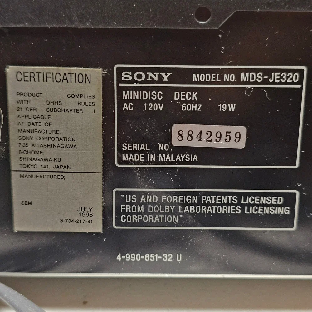 Sony MDS-JE320 MiniDisc Deck Player Recorder Wide Bit Stream Vintage 1998 Black
